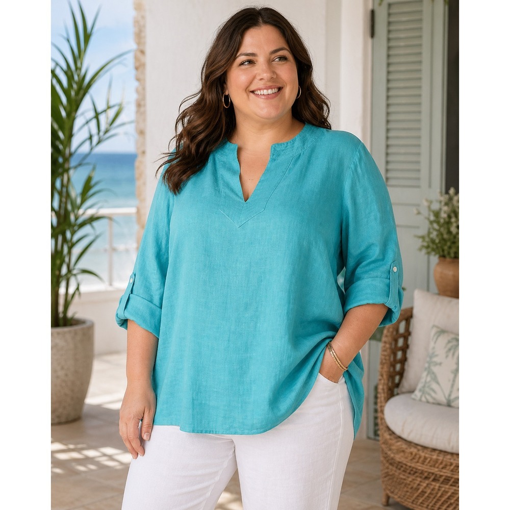Lauren Ralph Lauren 100% Linen Top Split Neck Roll Sleeve Shirt Plus Size 1X - Picture 1 of 10
